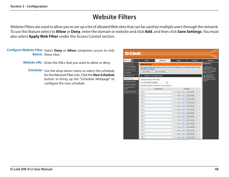 Website filters | D-Link DIR-412 User Manual | Page 52 / 113