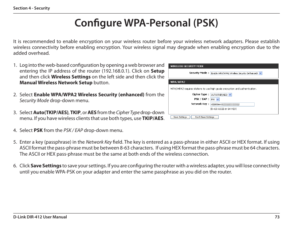 Configure wpa-personal (psk) | D-Link DIR-412 User Manual | Page 77 / 113