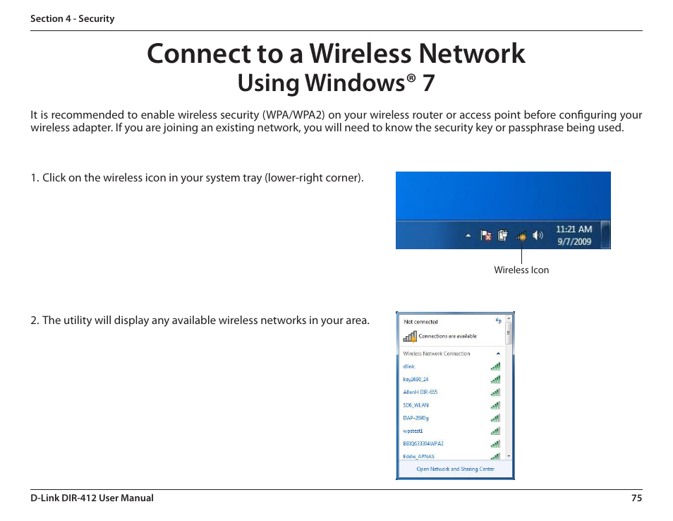 Connect to a wireless network, Using windows® 7 | D-Link DIR-412 User Manual | Page 79 / 113