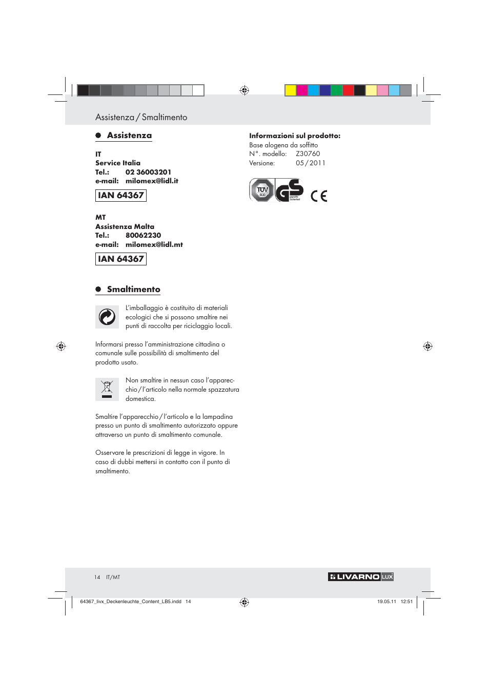Assistenza / smaltimento | Livarno Z30760 User Manual | Page 12 / 31