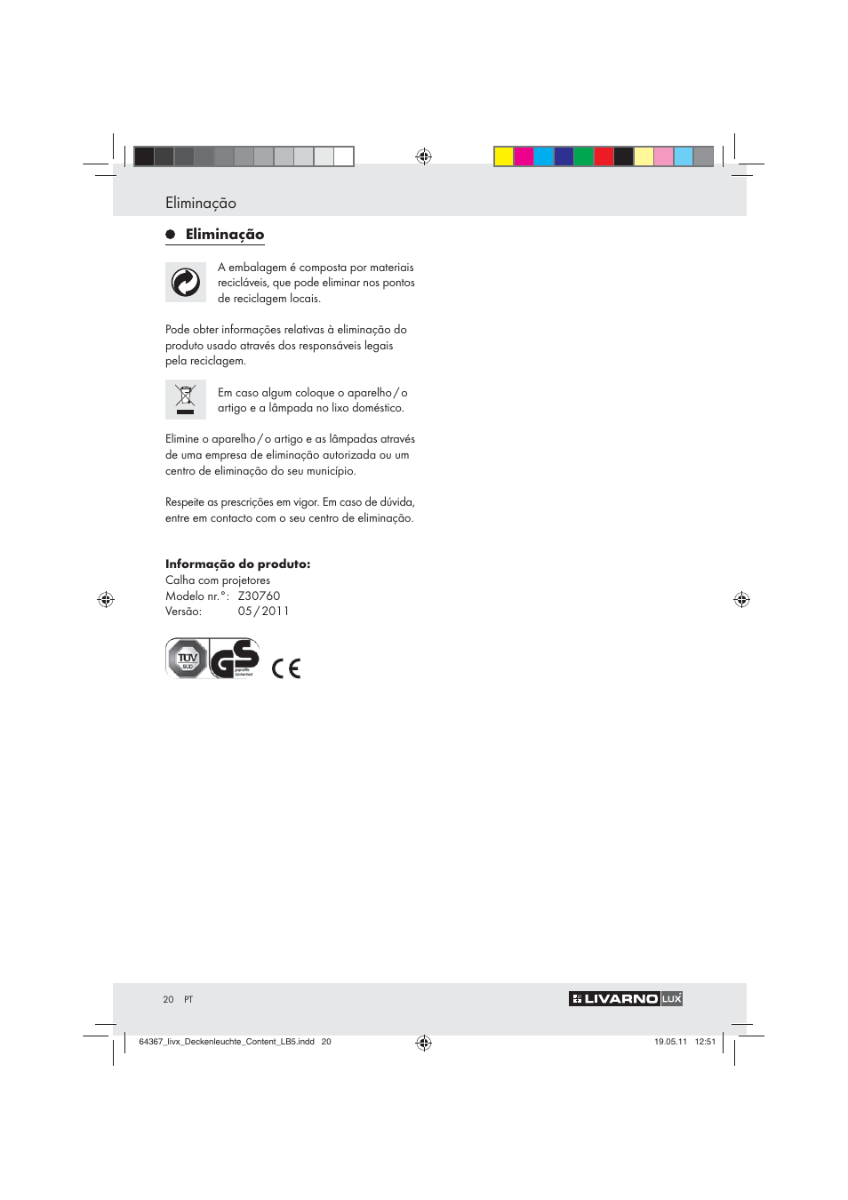 Eliminação | Livarno Z30760 User Manual | Page 18 / 31