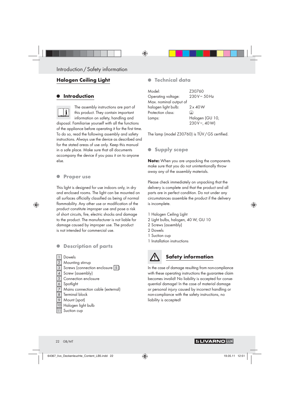 Introduction / safety information | Livarno Z30760 User Manual | Page 20 / 31