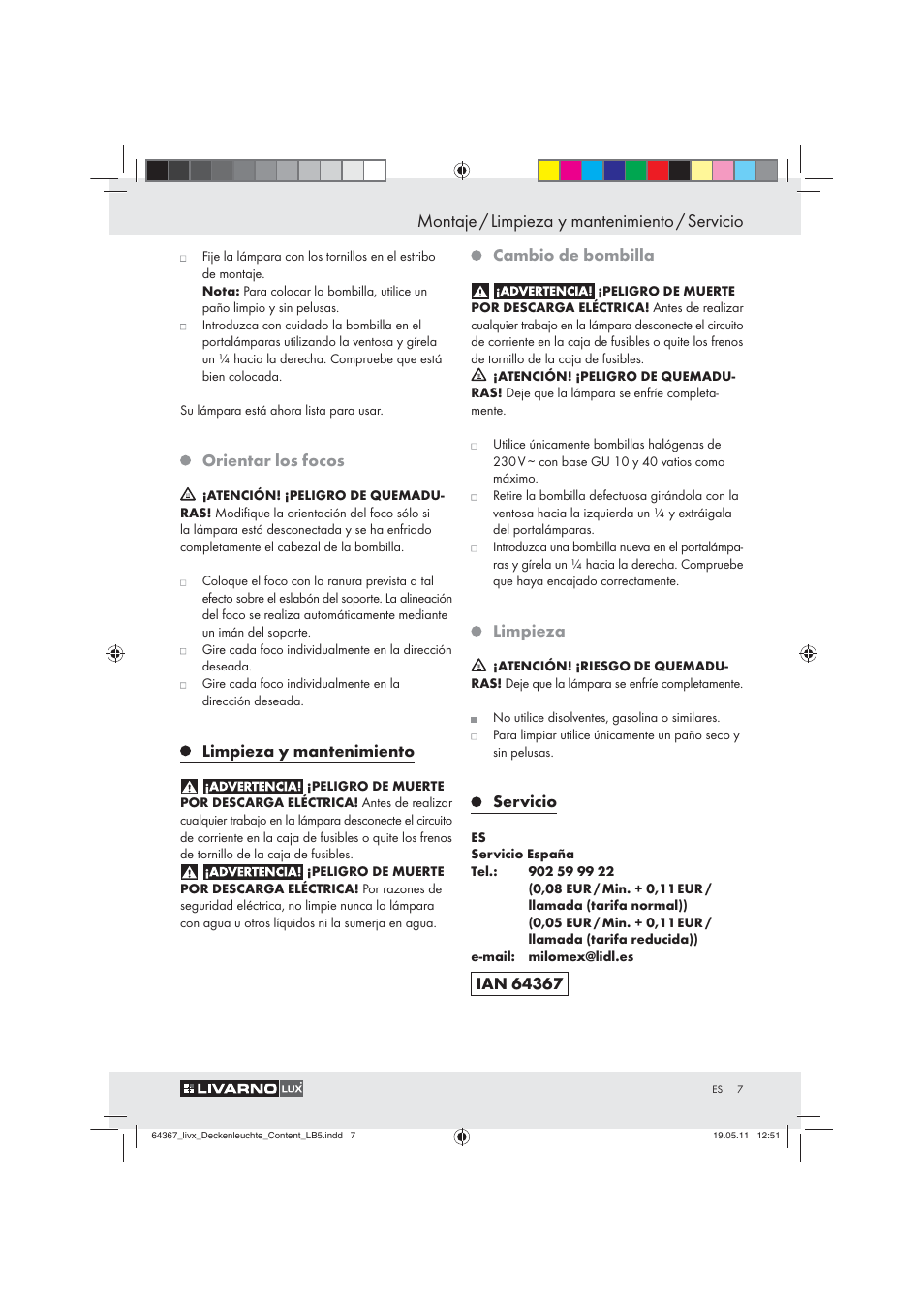 Montaje / limpieza y mantenimiento / servicio | Livarno Z30760 User Manual | Page 5 / 31