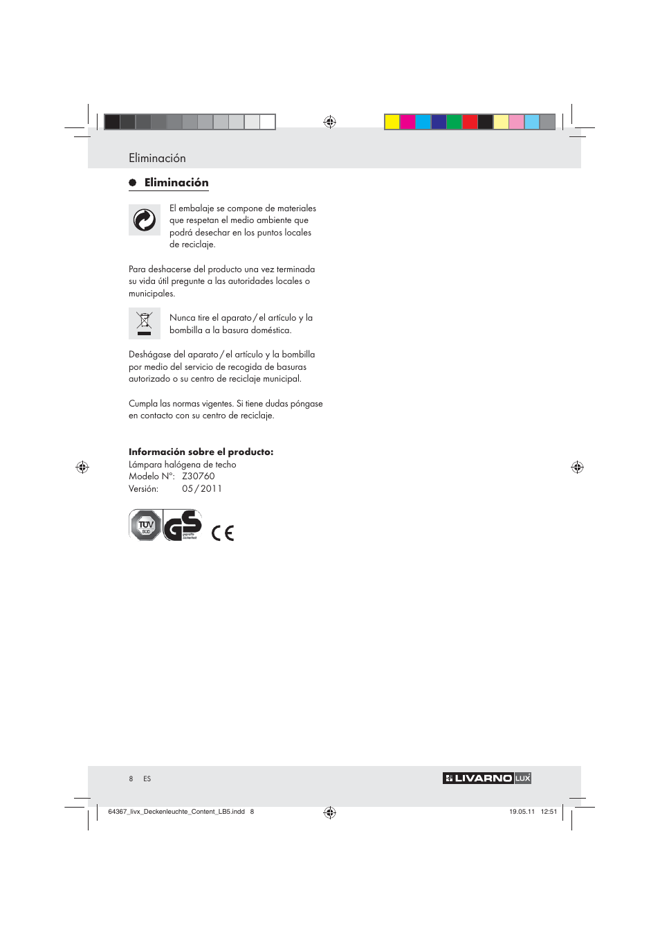 Eliminación | Livarno Z30760 User Manual | Page 6 / 31