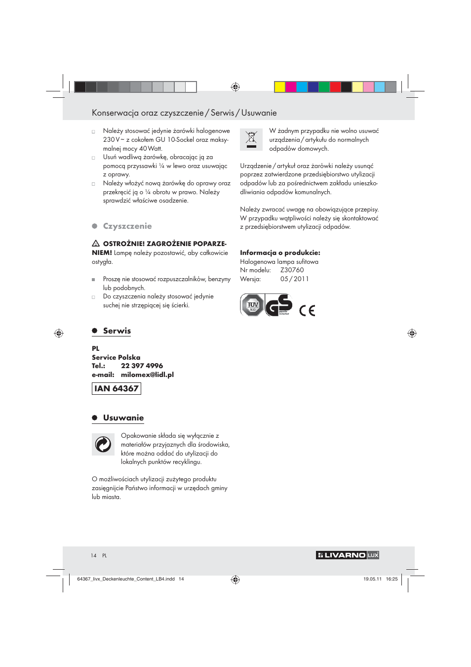 Konserwacja oraz czyszczenie / serwis / usuwanie | Livarno Z30760 User Manual | Page 12 / 42