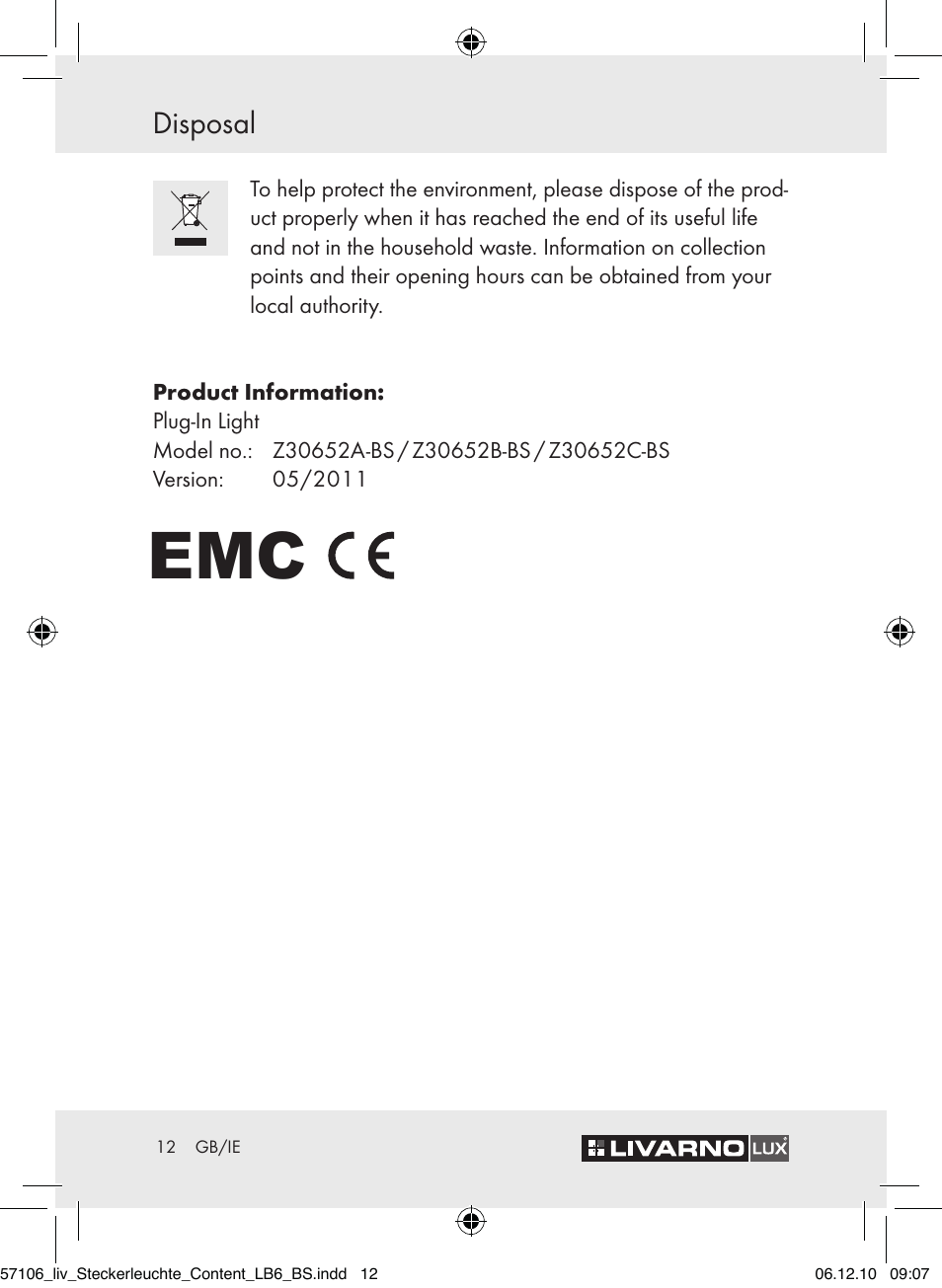 Disposal | Livarno Z30652A-BS User Manual | Page 10 / 10