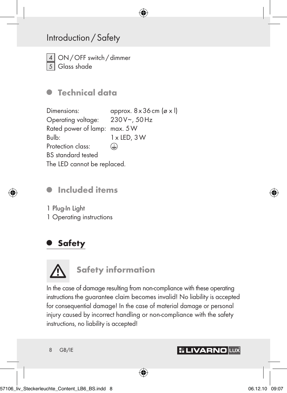 Introduction / safety, Technical data, Included items | Safety safety information | Livarno Z30652A-BS User Manual | Page 6 / 10