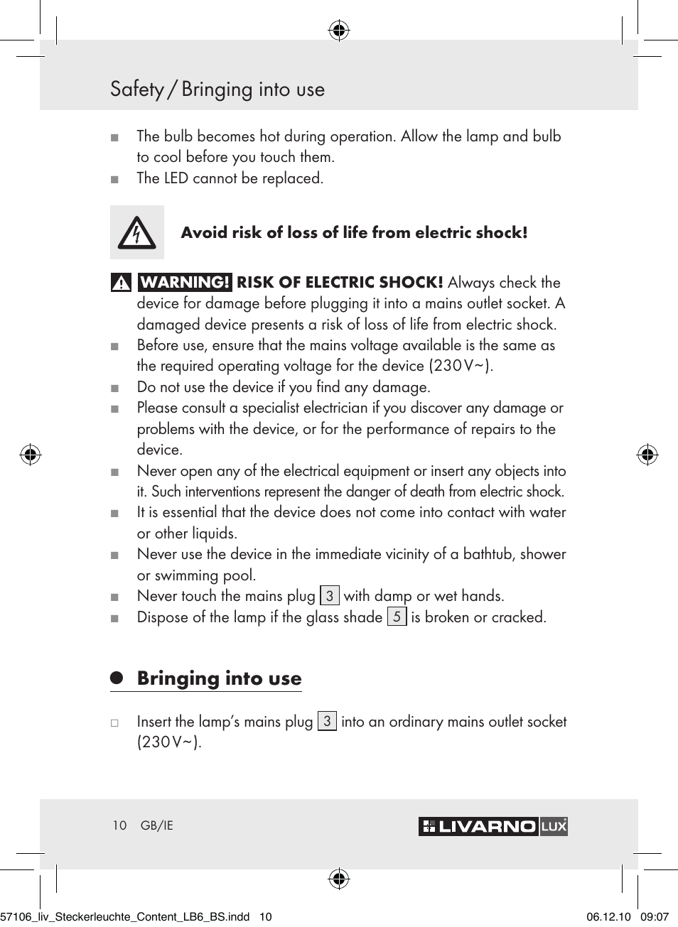 Safety / bringing into use, Bringing into use | Livarno Z30652A-BS User Manual | Page 8 / 10