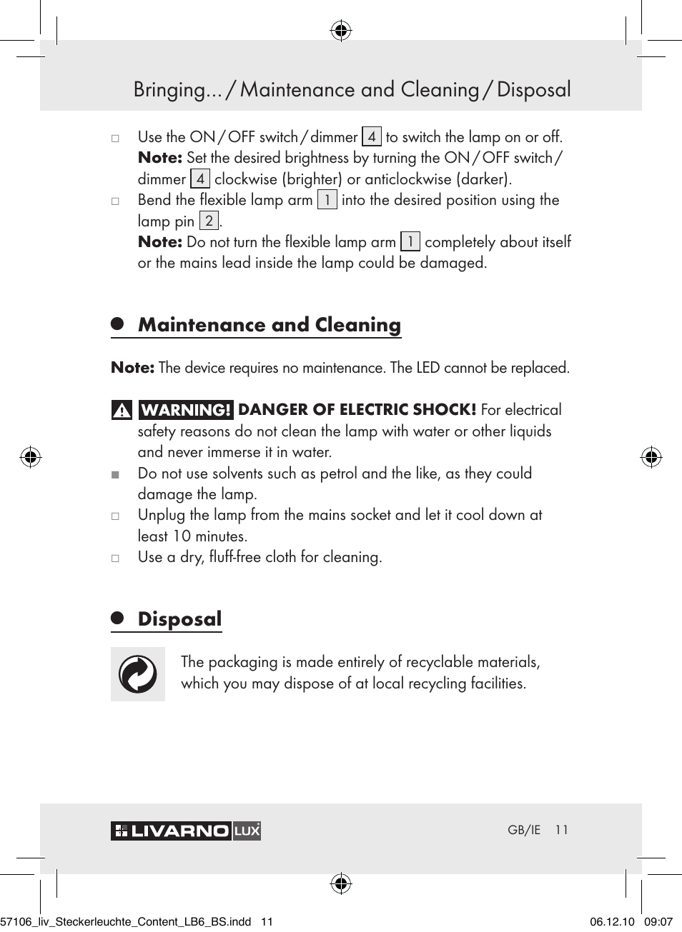 Bringing… / maintenance and cleaning / disposal, Maintenance and cleaning, Disposal | Livarno Z30652A-BS User Manual | Page 9 / 10