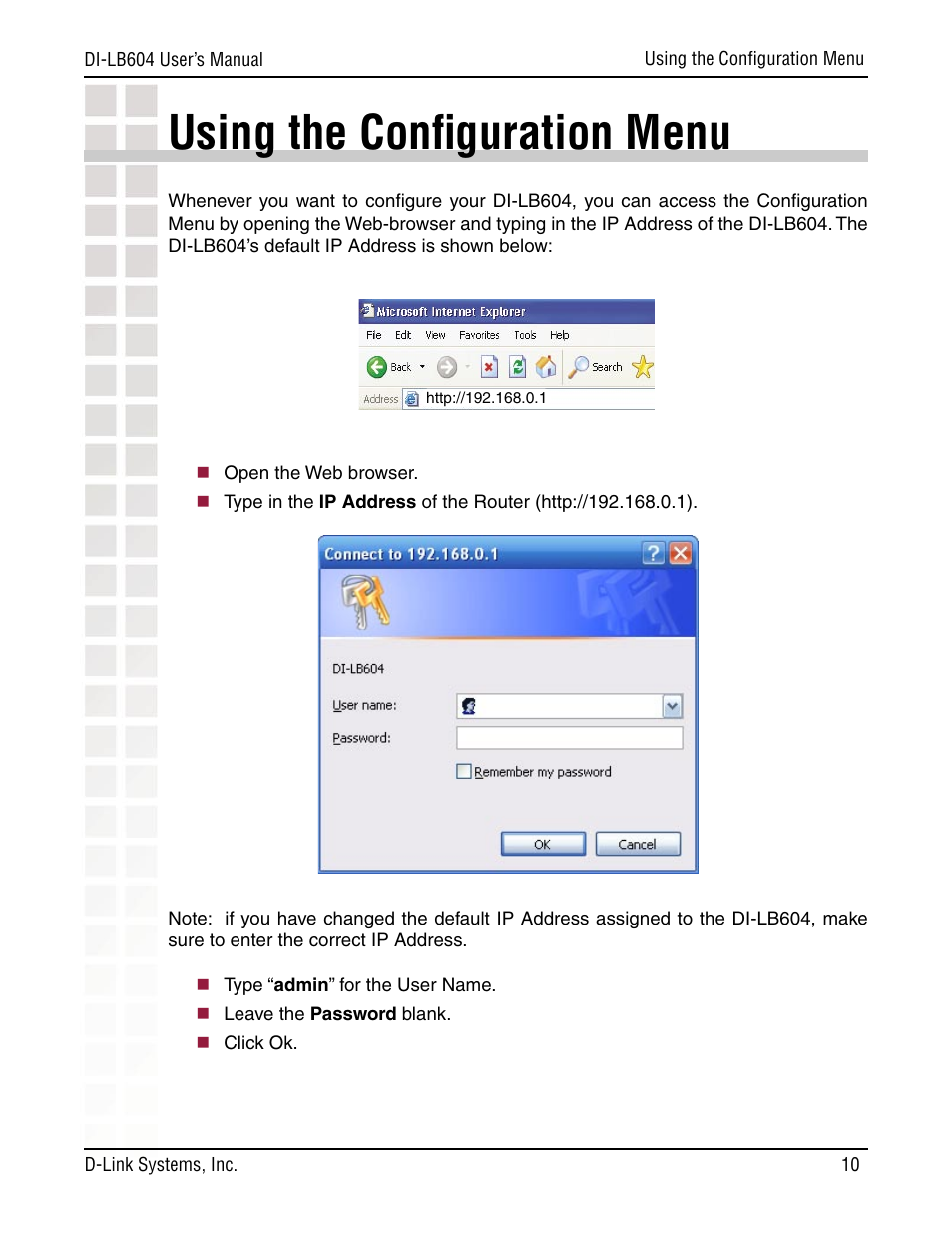 Using the conﬁguration menu | D-Link DI-LB604 User Manual | Page 10 / 92