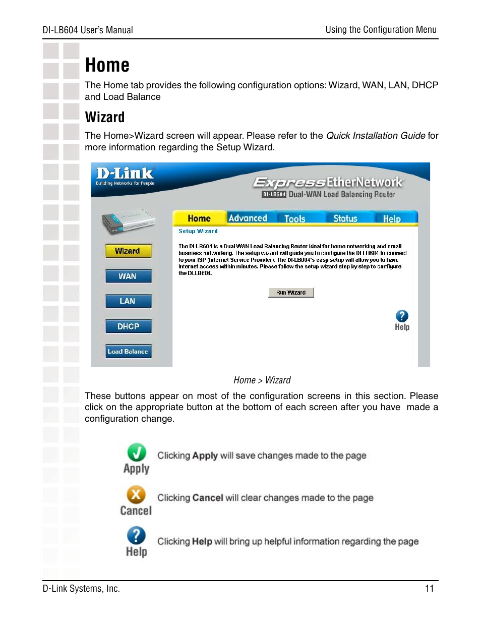 Home, Wizard | D-Link DI-LB604 User Manual | Page 11 / 92