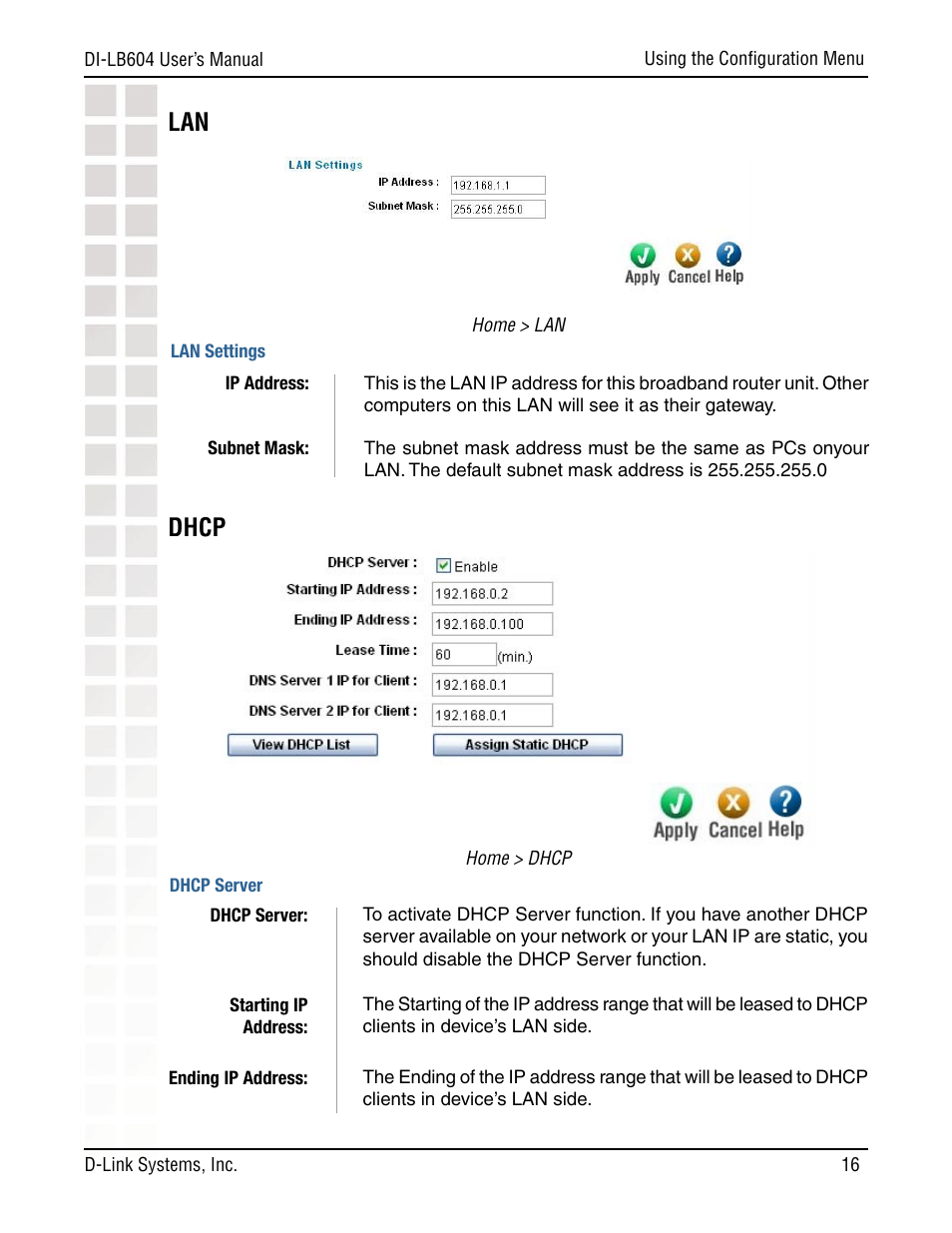 Dhcp | D-Link DI-LB604 User Manual | Page 16 / 92