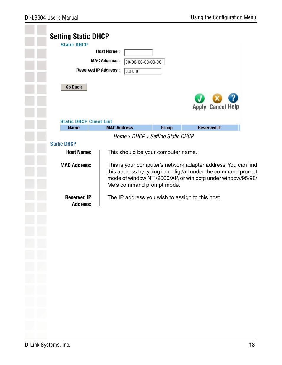 Setting static dhcp | D-Link DI-LB604 User Manual | Page 18 / 92