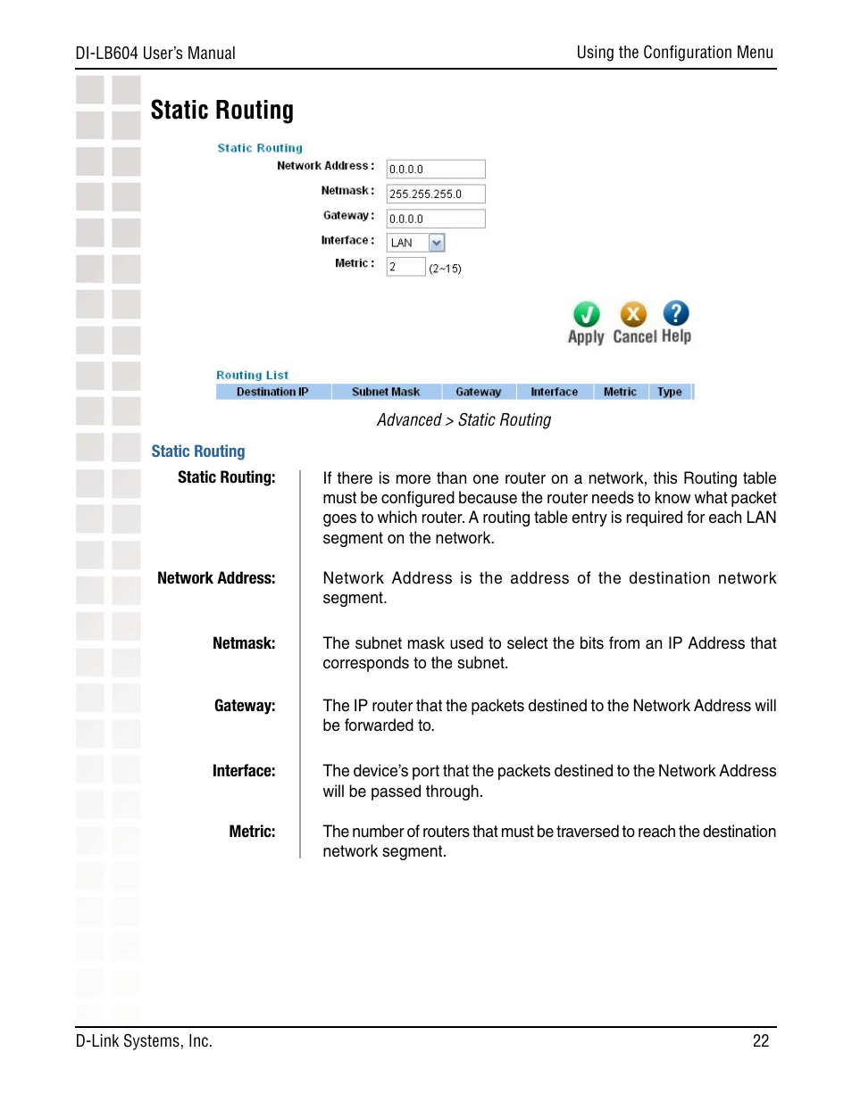 Static routing | D-Link DI-LB604 User Manual | Page 22 / 92