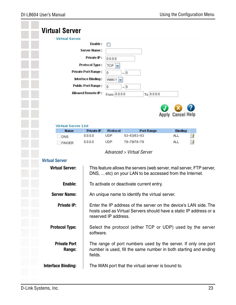 Virtual server | D-Link DI-LB604 User Manual | Page 23 / 92