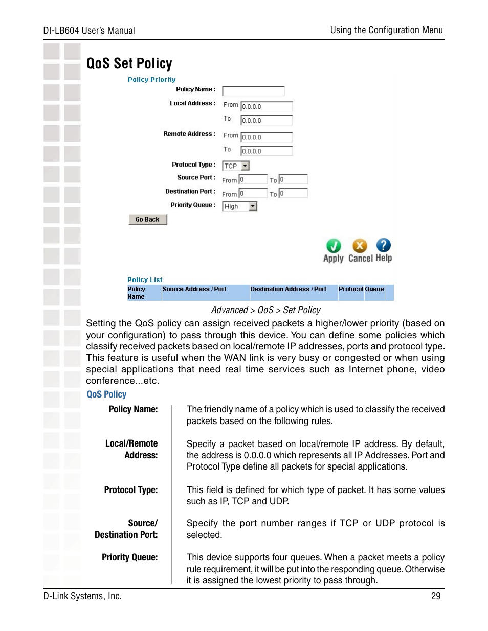 Qos set policy | D-Link DI-LB604 User Manual | Page 29 / 92