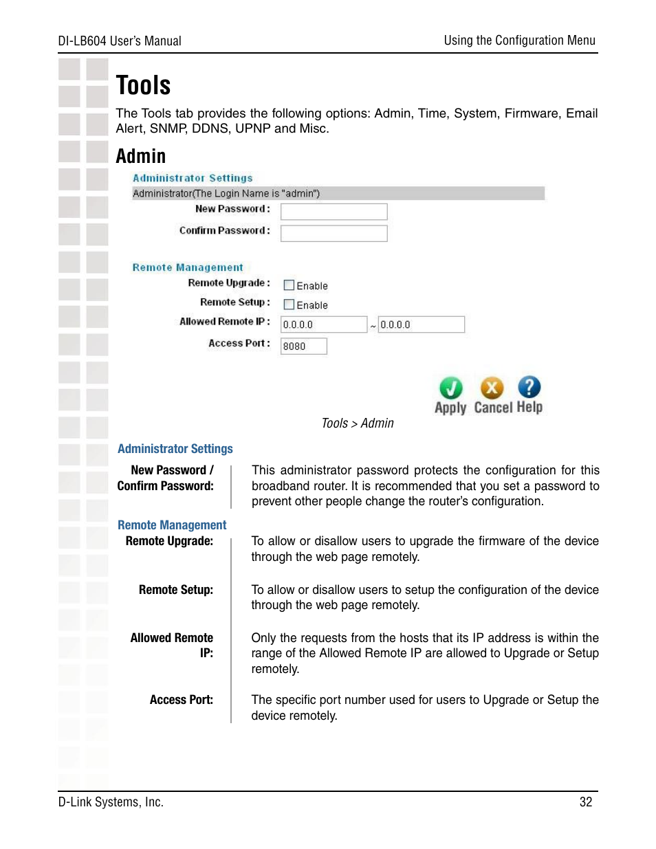 Tools, Admin | D-Link DI-LB604 User Manual | Page 32 / 92