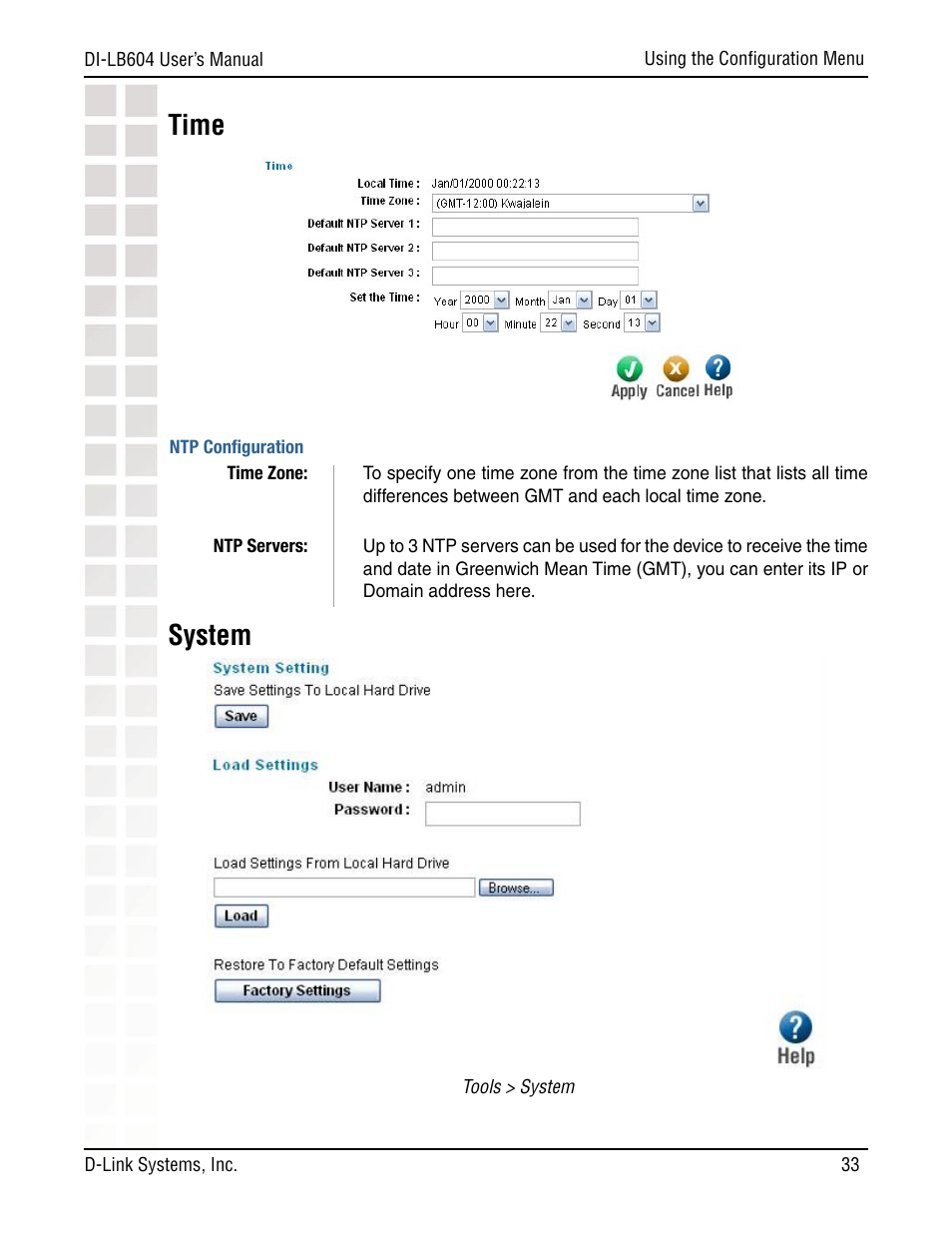 Time, System | D-Link DI-LB604 User Manual | Page 33 / 92