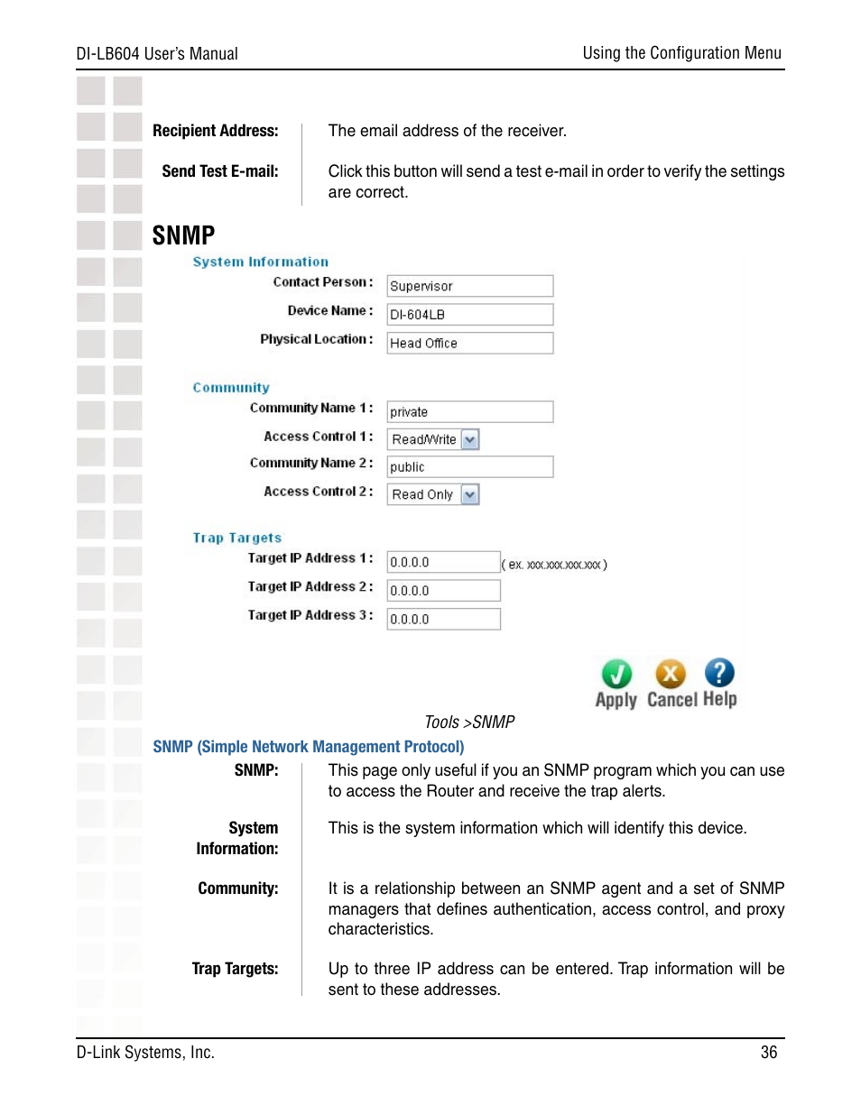 Snmp | D-Link DI-LB604 User Manual | Page 36 / 92