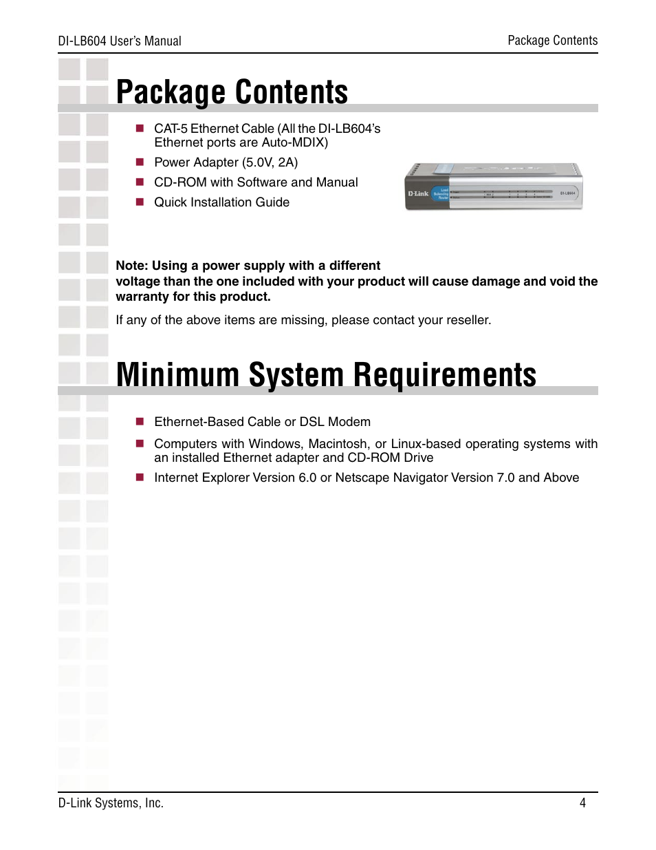 Package contents, Minimum system requirements | D-Link DI-LB604 User Manual | Page 4 / 92