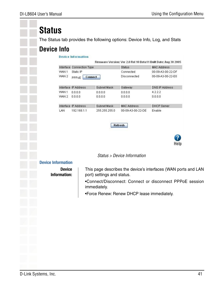 Status, Device info | D-Link DI-LB604 User Manual | Page 41 / 92