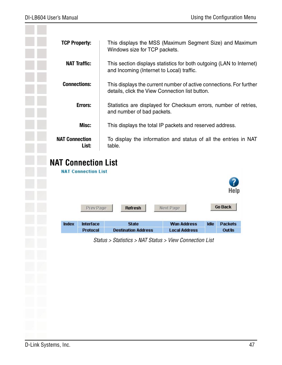 Nat connection list | D-Link DI-LB604 User Manual | Page 47 / 92