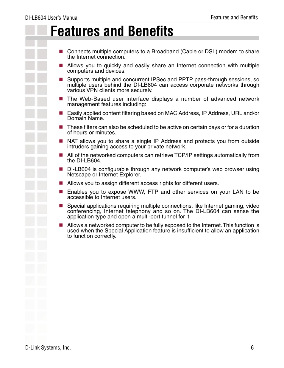 Features and beneﬁts | D-Link DI-LB604 User Manual | Page 6 / 92