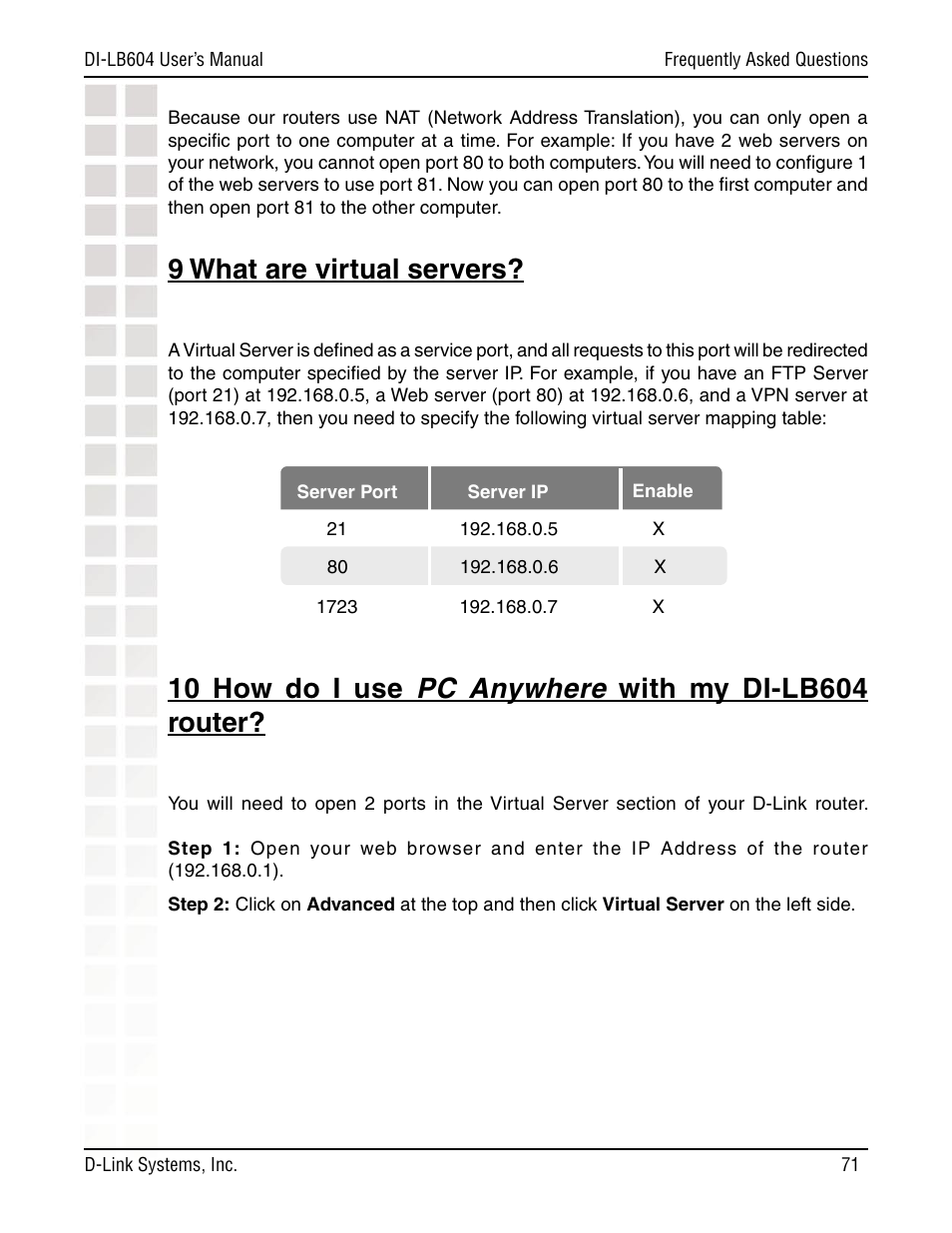 9 what are virtual servers | D-Link DI-LB604 User Manual | Page 71 / 92