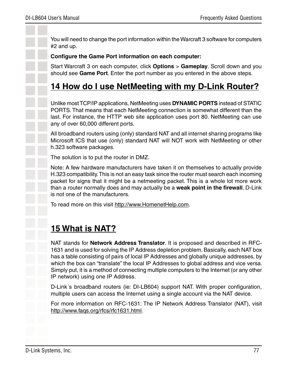 14 how do i use netmeeting with my d-link router, 15 what is nat | D-Link DI-LB604 User Manual | Page 77 / 92