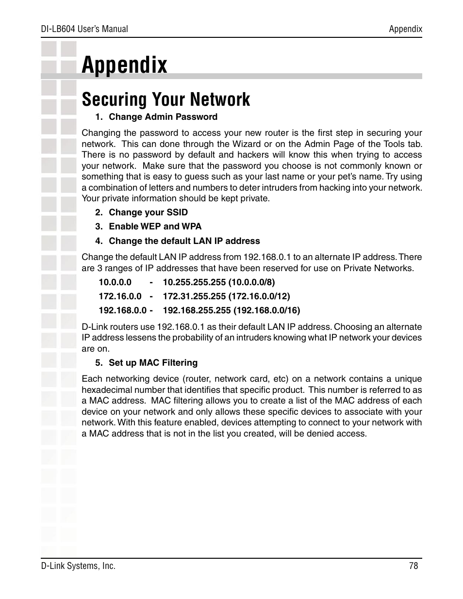 Appendix, Securing your network | D-Link DI-LB604 User Manual | Page 78 / 92