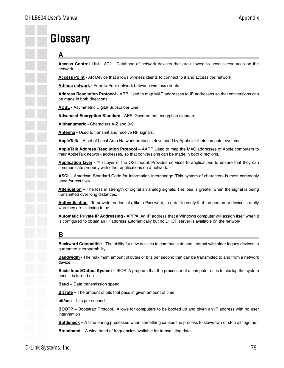 Glossary | D-Link DI-LB604 User Manual | Page 79 / 92