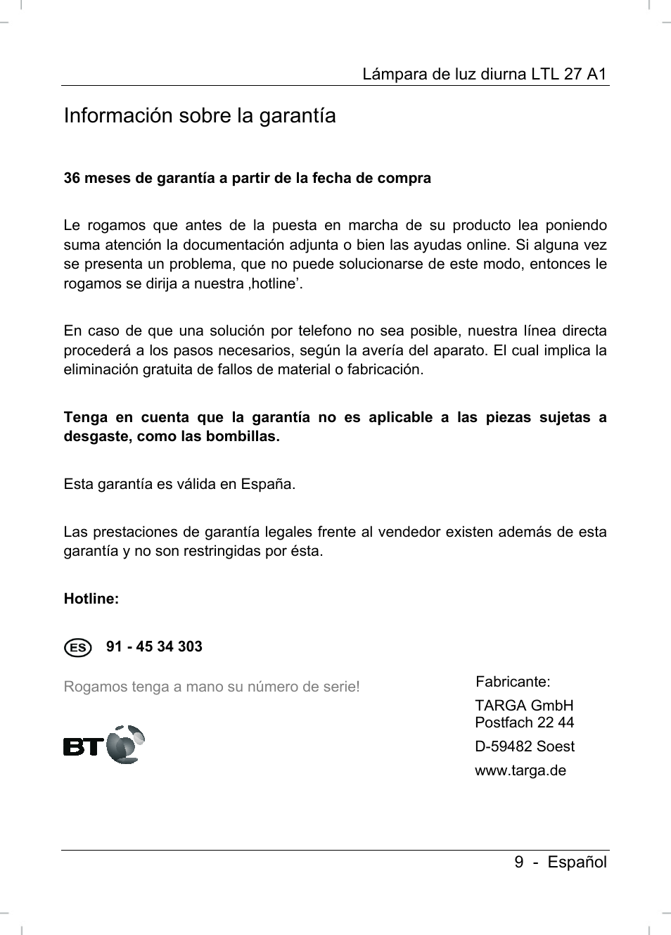 Información sobre la garantía | Livarno LTL 27 A1 User Manual | Page 11 / 45