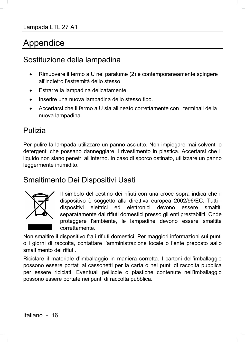 Appendice, Sostituzione della lampadina, Pulizia | Smaltimento dei dispositivi usati | Livarno LTL 27 A1 User Manual | Page 18 / 45