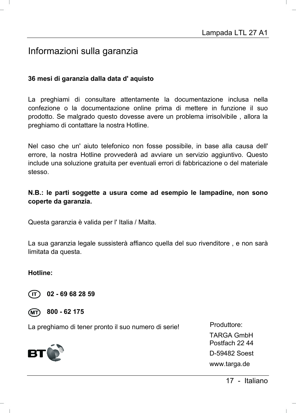 Informazioni sulla garanzia | Livarno LTL 27 A1 User Manual | Page 19 / 45