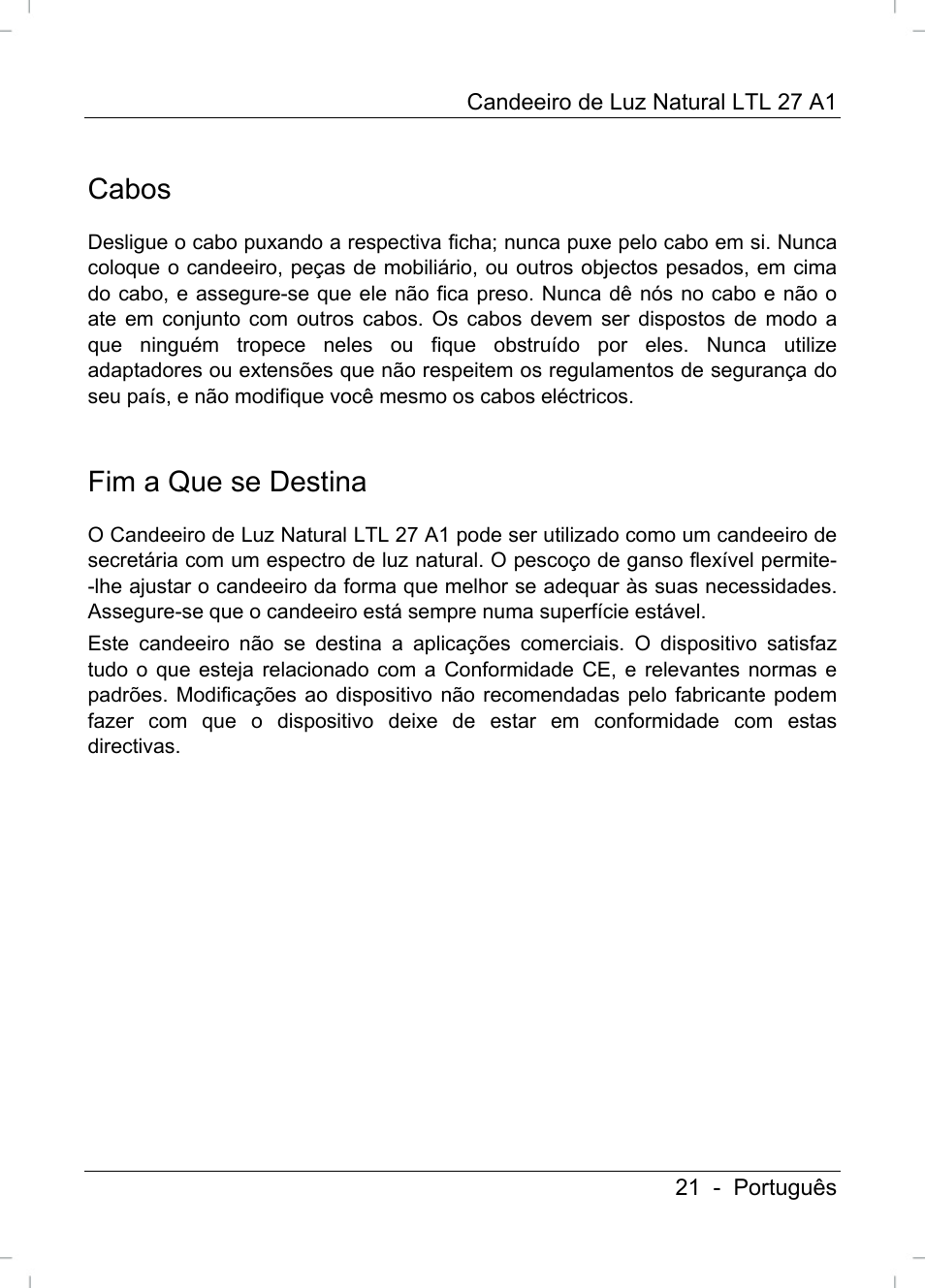 Cabos, Fim a que se destina | Livarno LTL 27 A1 User Manual | Page 23 / 45