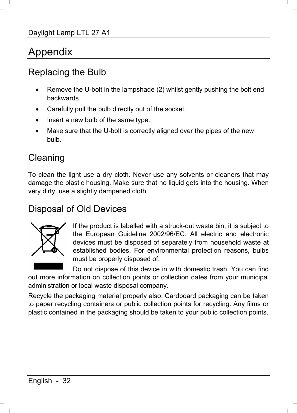 Appendix, Replacing the bulb, Cleaning | Disposal of old devices | Livarno LTL 27 A1 User Manual | Page 34 / 45