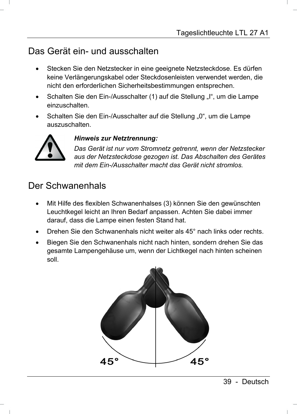 Das gerät ein- und ausschalten, Der schwanenhals | Livarno LTL 27 A1 User Manual | Page 41 / 45