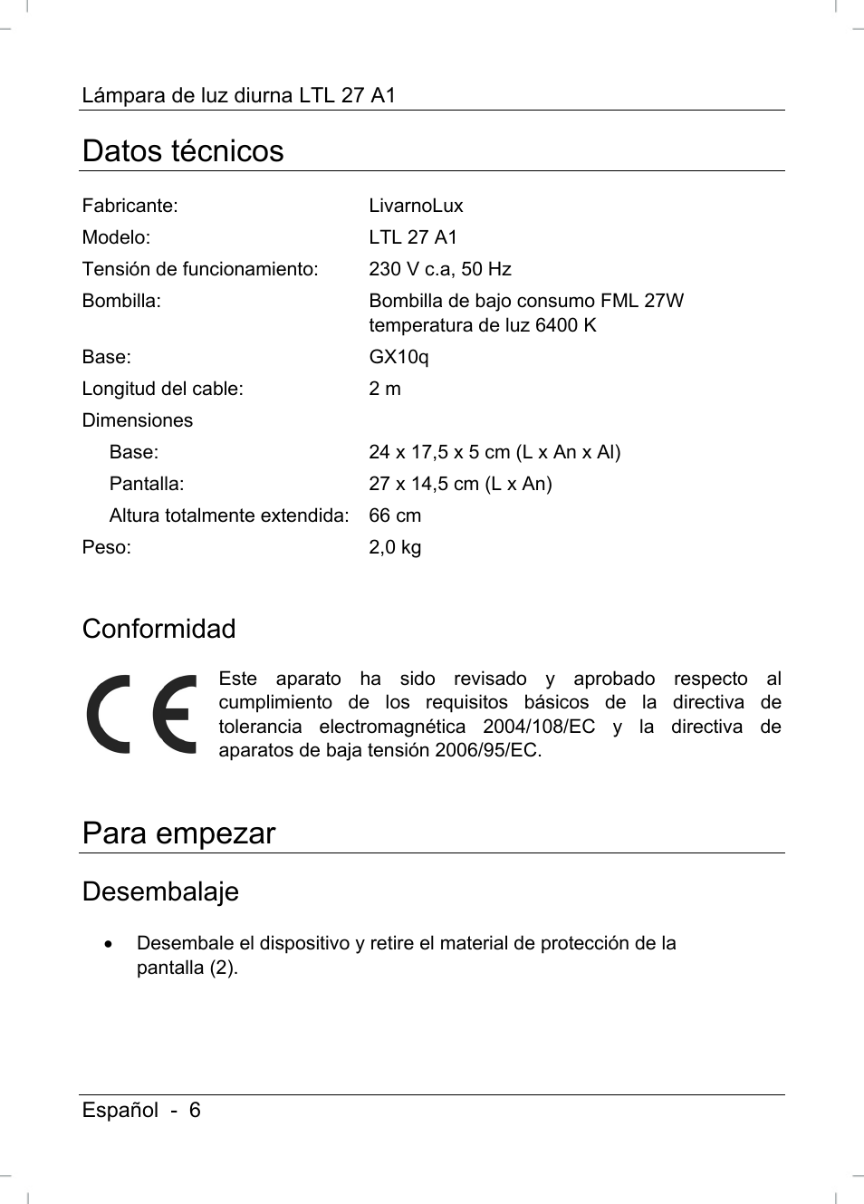 Datos técnicos, Para empezar, Conformidad | Desembalaje | Livarno LTL 27 A1 User Manual | Page 8 / 45