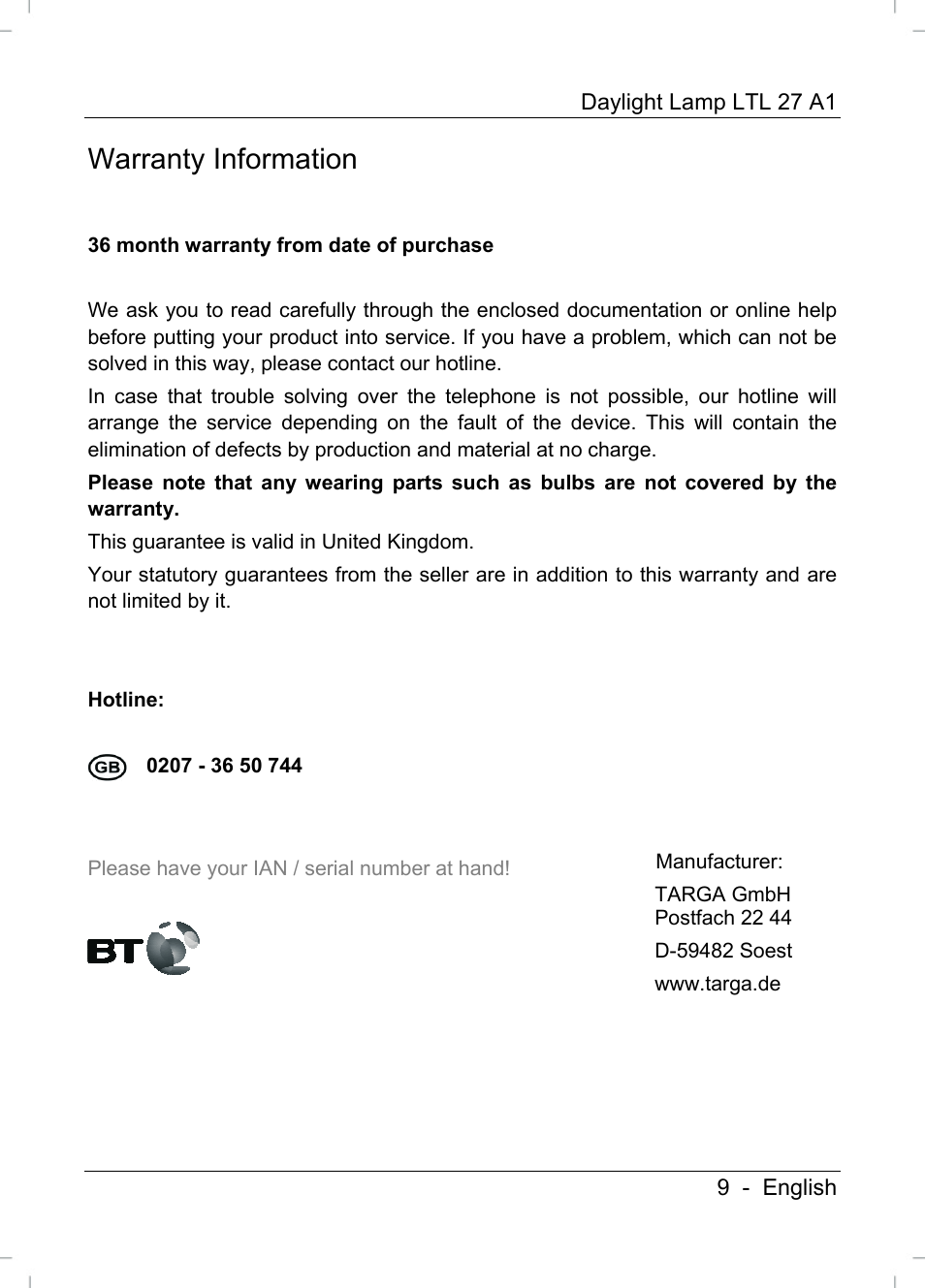 Warranty information | Livarno LTL 27 A1 User Manual | Page 11 / 53