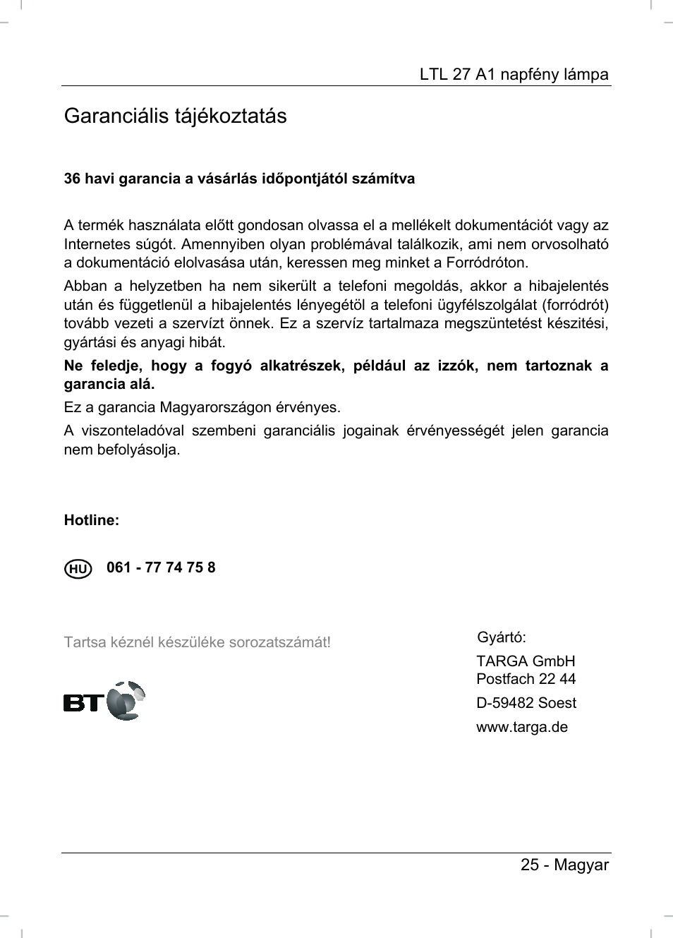 Garanciális tájékoztatás | Livarno LTL 27 A1 User Manual | Page 27 / 53