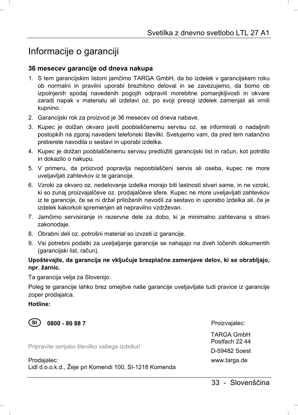Informacije o garanciji | Livarno LTL 27 A1 User Manual | Page 35 / 53