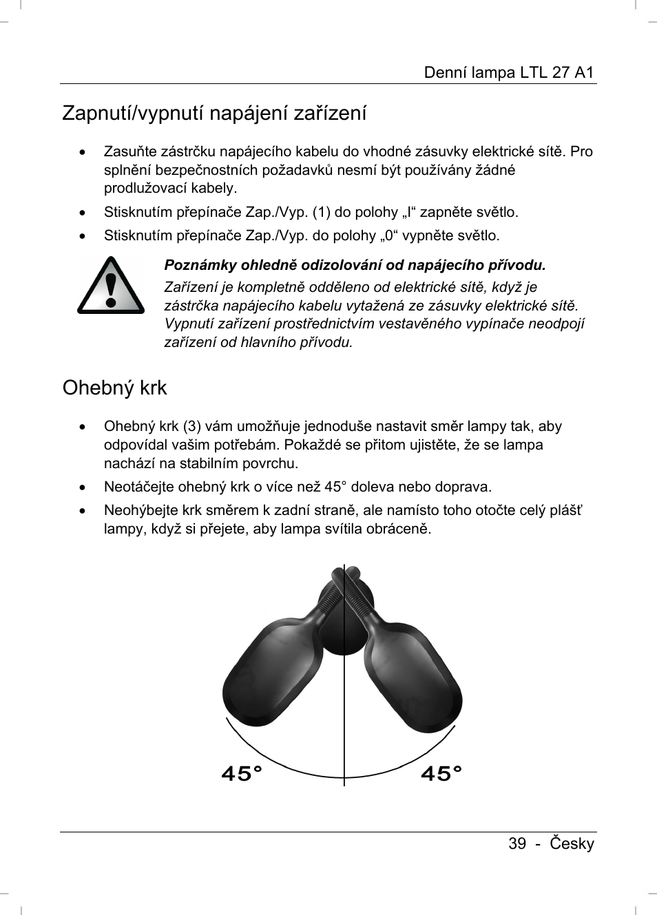 Zapnutí/vypnutí napájení zařízení, Ohebný krk | Livarno LTL 27 A1 User Manual | Page 41 / 53