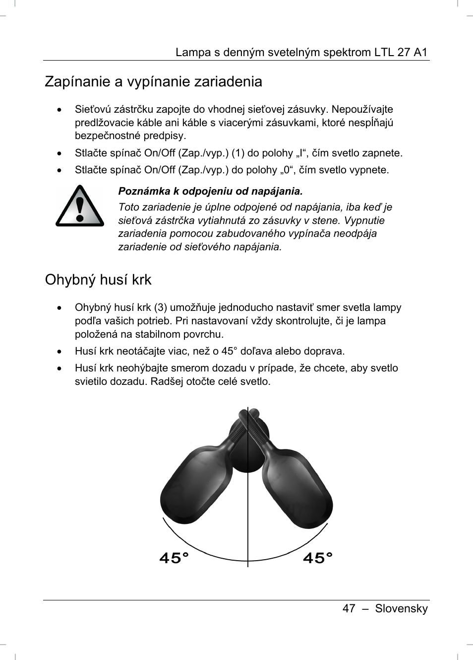 Zapínanie a vypínanie zariadenia, Ohybný husí krk | Livarno LTL 27 A1 User Manual | Page 49 / 53