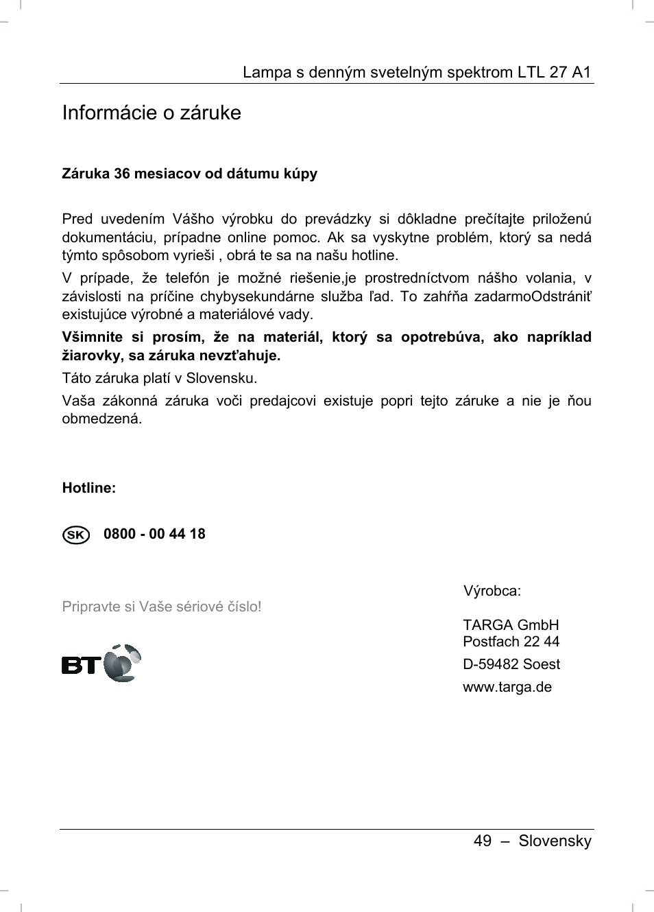 Informácie o záruke | Livarno LTL 27 A1 User Manual | Page 51 / 53