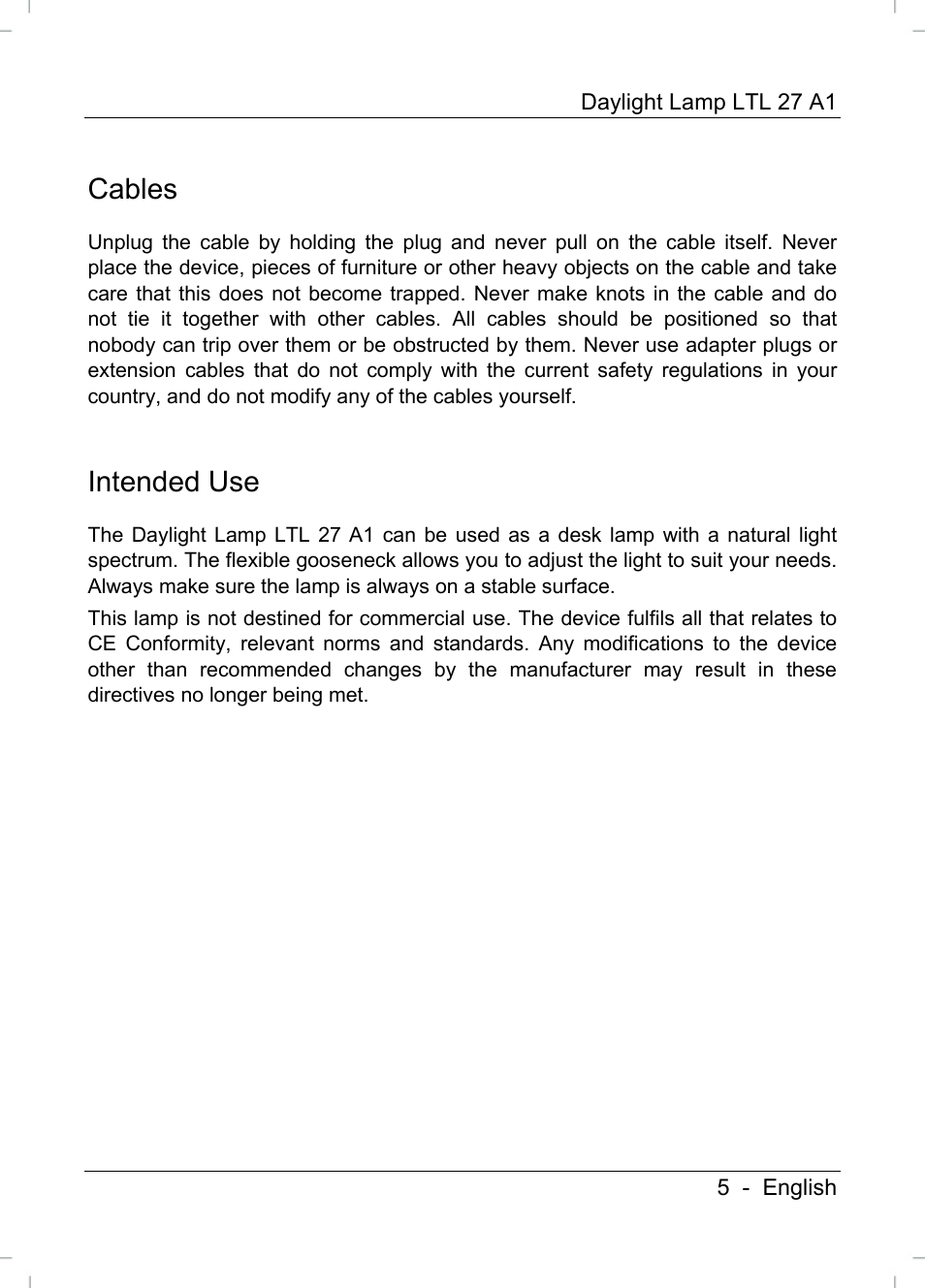 Cables, Intended use | Livarno LTL 27 A1 User Manual | Page 7 / 53