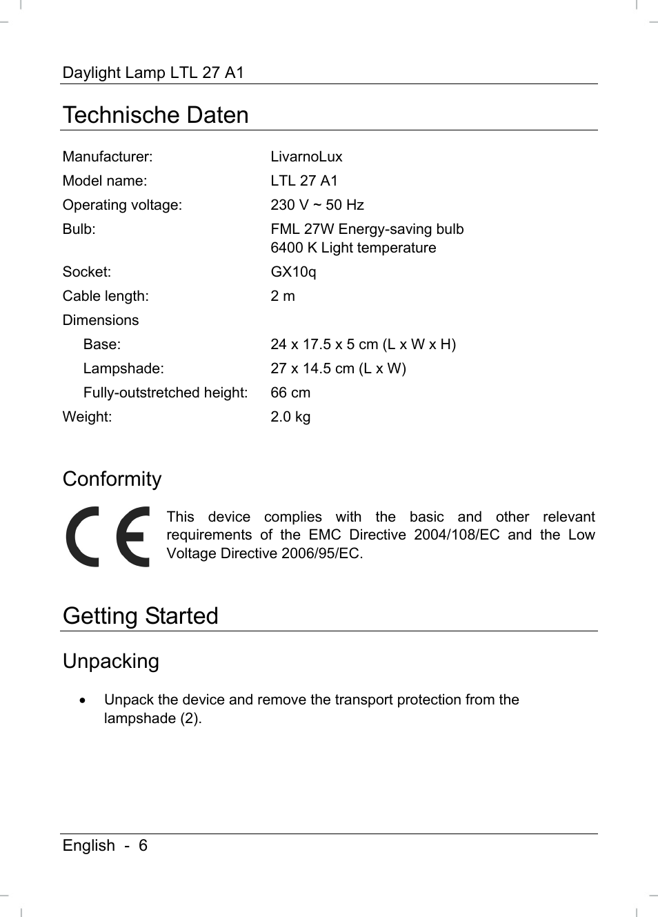 Technische daten, Getting started, Conformity | Unpacking | Livarno LTL 27 A1 User Manual | Page 8 / 53