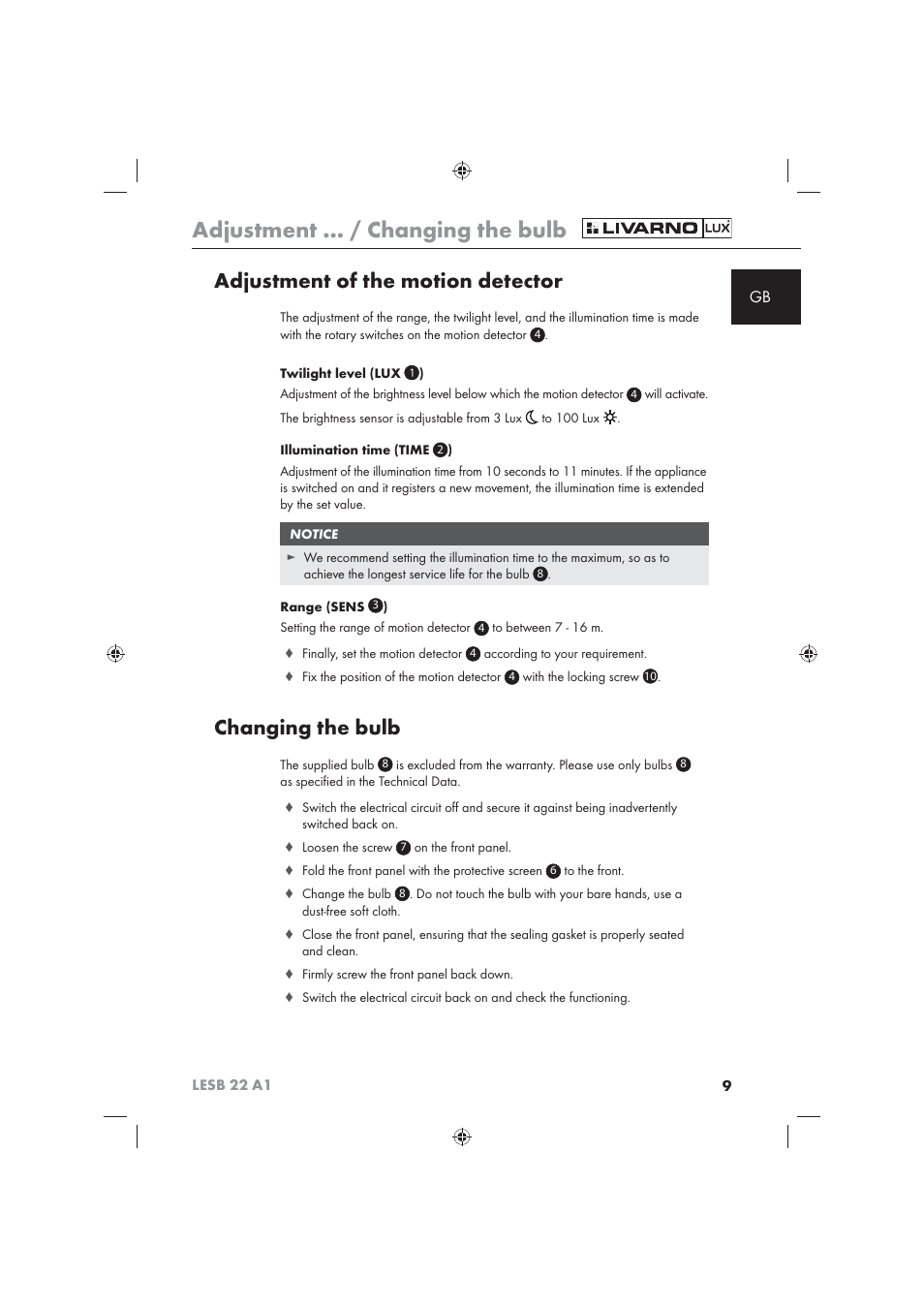 Adjustment ... / changing the bulb, Adjustment of the motion detector, Changing the bulb | Livarno LESB 22 A1 User Manual | Page 11 / 74