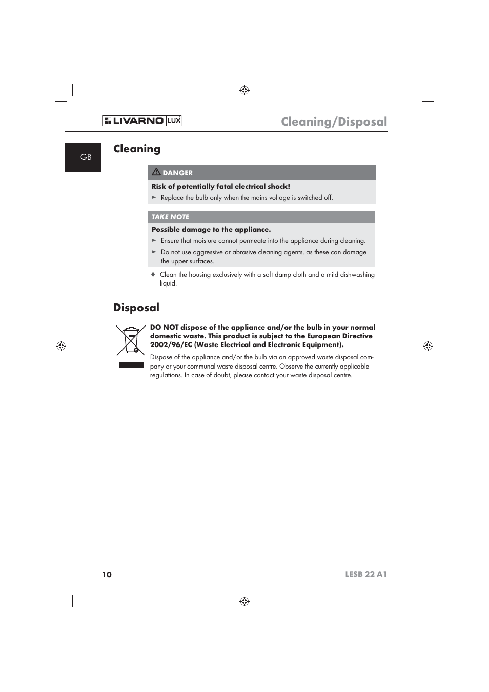 Cleaning/disposal, Cleaning, Disposal | Livarno LESB 22 A1 User Manual | Page 12 / 74