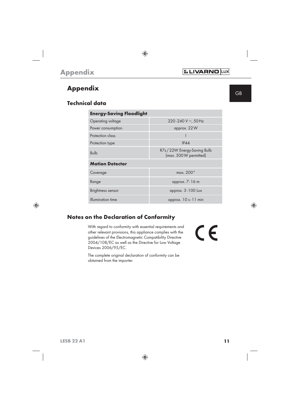 Appendix, Technical data | Livarno LESB 22 A1 User Manual | Page 13 / 74