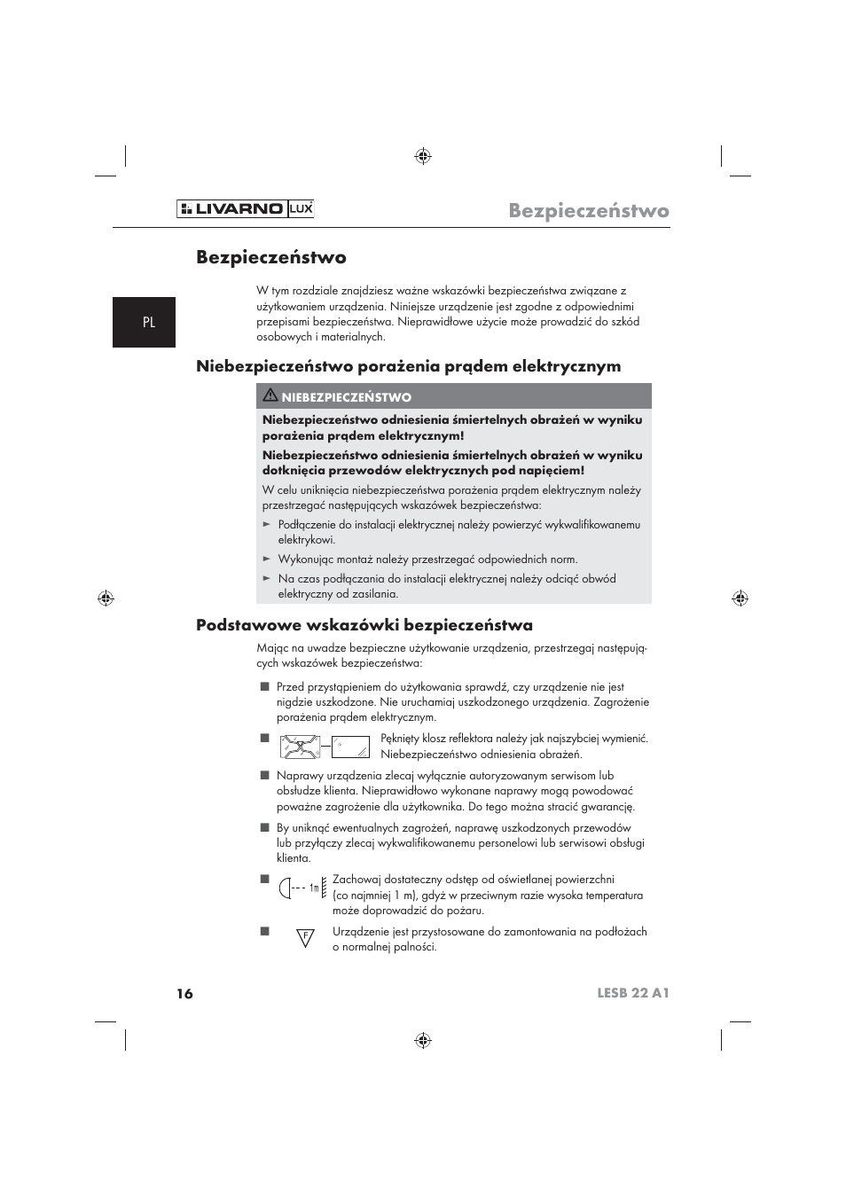 Bezpieczeństwo, Niebezpieczeństwo porażenia prądem elektrycznym, Podstawowe wskazówki bezpieczeństwa | Livarno LESB 22 A1 User Manual | Page 18 / 74